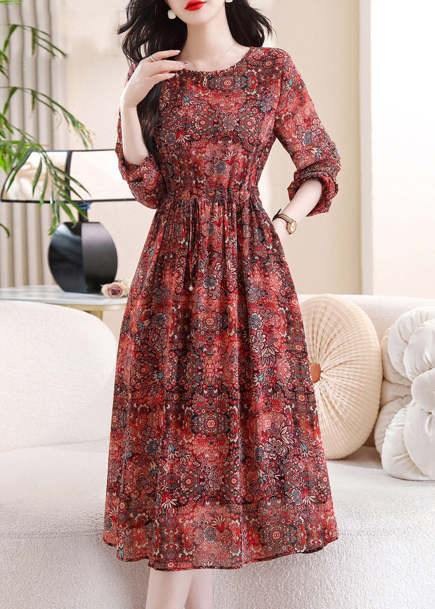 Chic Red O-Neck Print Maxi Dress Three Quarter Sleeve