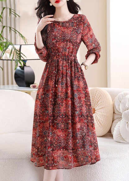 Chic Red O-Neck Print Maxi Dress Three Quarter Sleeve