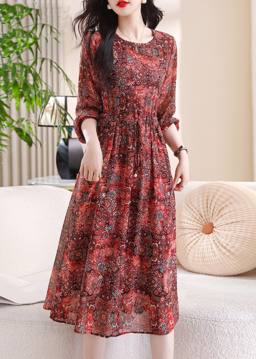 Chic Red O-Neck Print Maxi Dress Three Quarter Sleeve