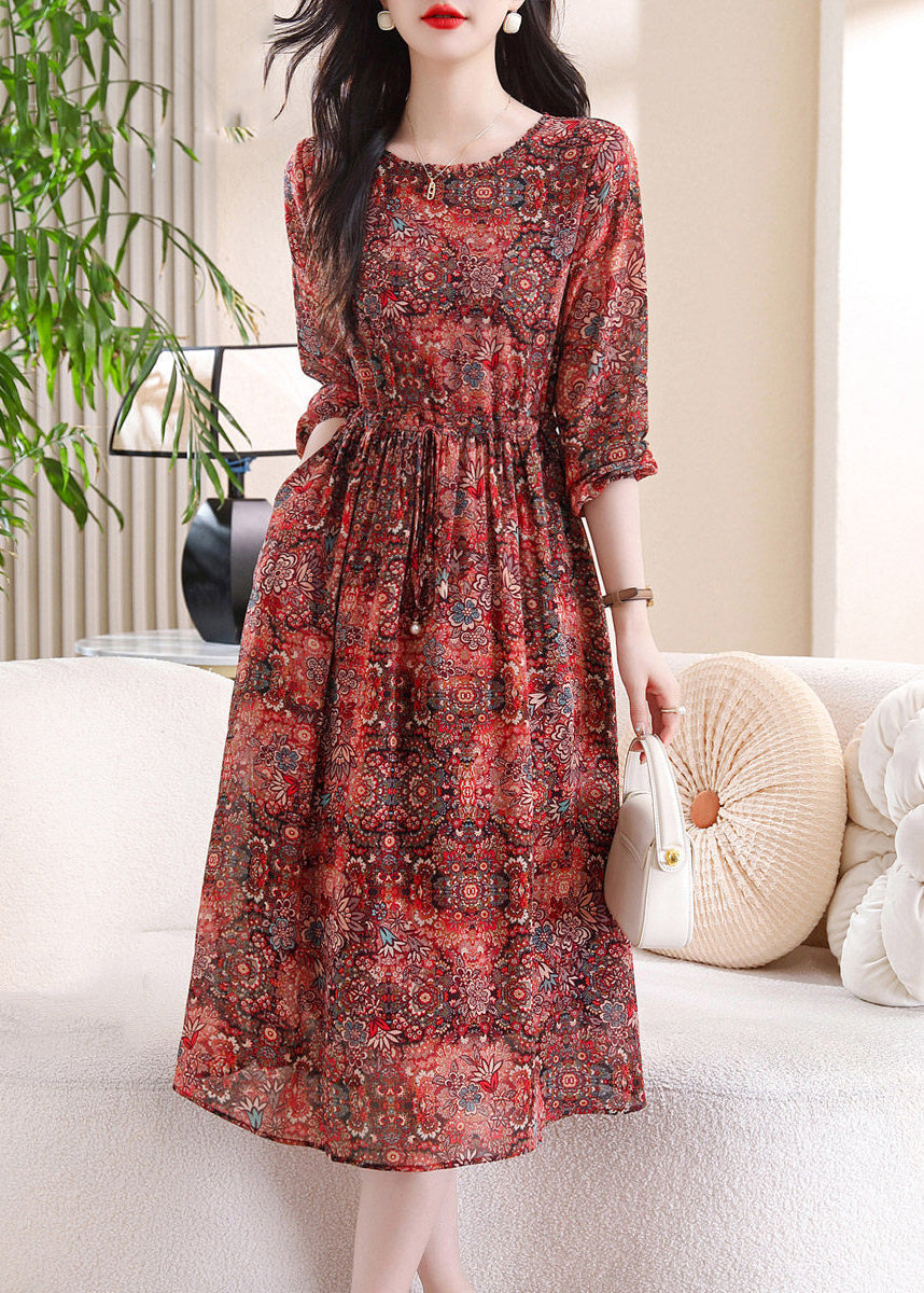 Chic Red O-Neck Print Maxi Dress Three Quarter Sleeve