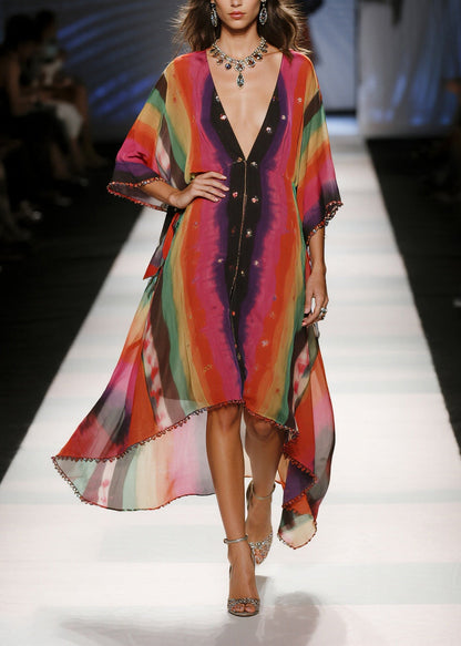 Chic Red Oversized Tie Dye Draping Chiffon Vacation Dresses Summer