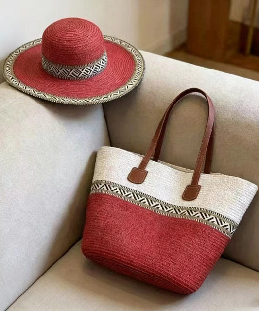 Chic Red Patchwork Solid Durable Straw Woven Floppy Sun Hat And Shoulder Handbag Two Pieces Set