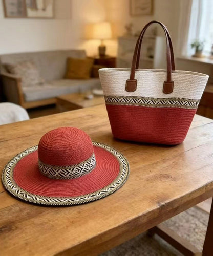 Chic Red Patchwork Solid Durable Straw Woven Floppy Sun Hat And Shoulder Handbag Two Pieces Set