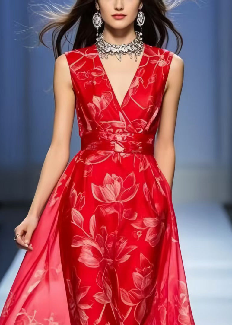 Chic Red Print Draping Chiffon Vacation Dresses Sleeveless