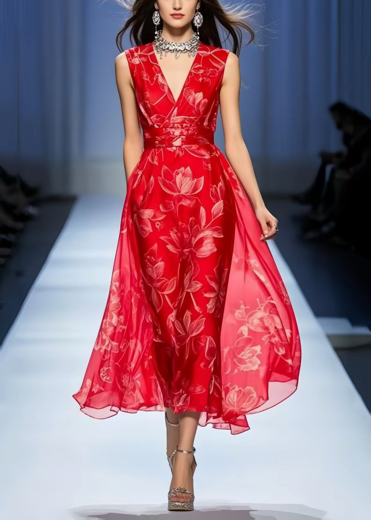 Chic Red Print Draping Chiffon Vacation Dresses Sleeveless