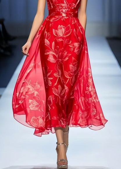 Chic Red Print Draping Chiffon Vacation Dresses Sleeveless