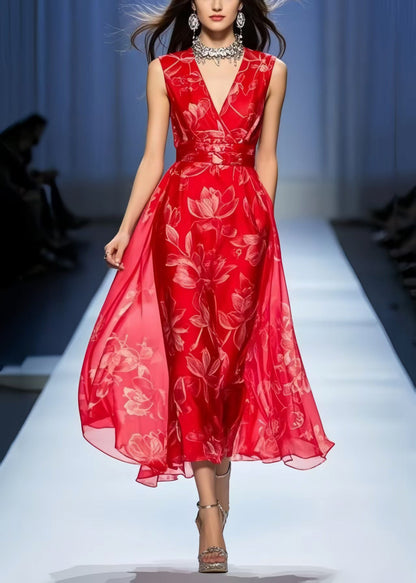Chic Red Print Draping Chiffon Vacation Dresses Sleeveless