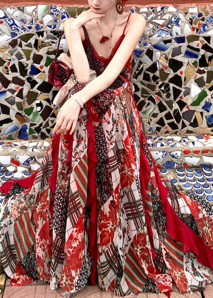 Chic Red Print Exra Large Hem Chiffon Spaghetti Strap Dress Summer