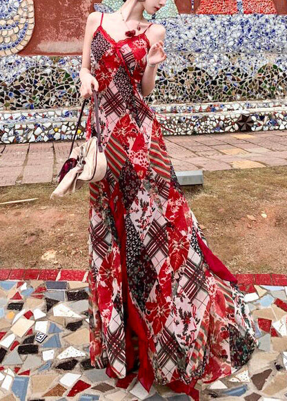 Chic Red Print Exra Large Hem Chiffon Spaghetti Strap Dress Summer