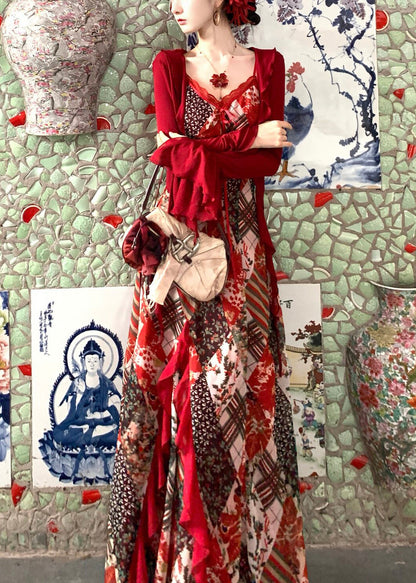 Chic Red Print Exra Large Hem Chiffon Spaghetti Strap Dress Summer