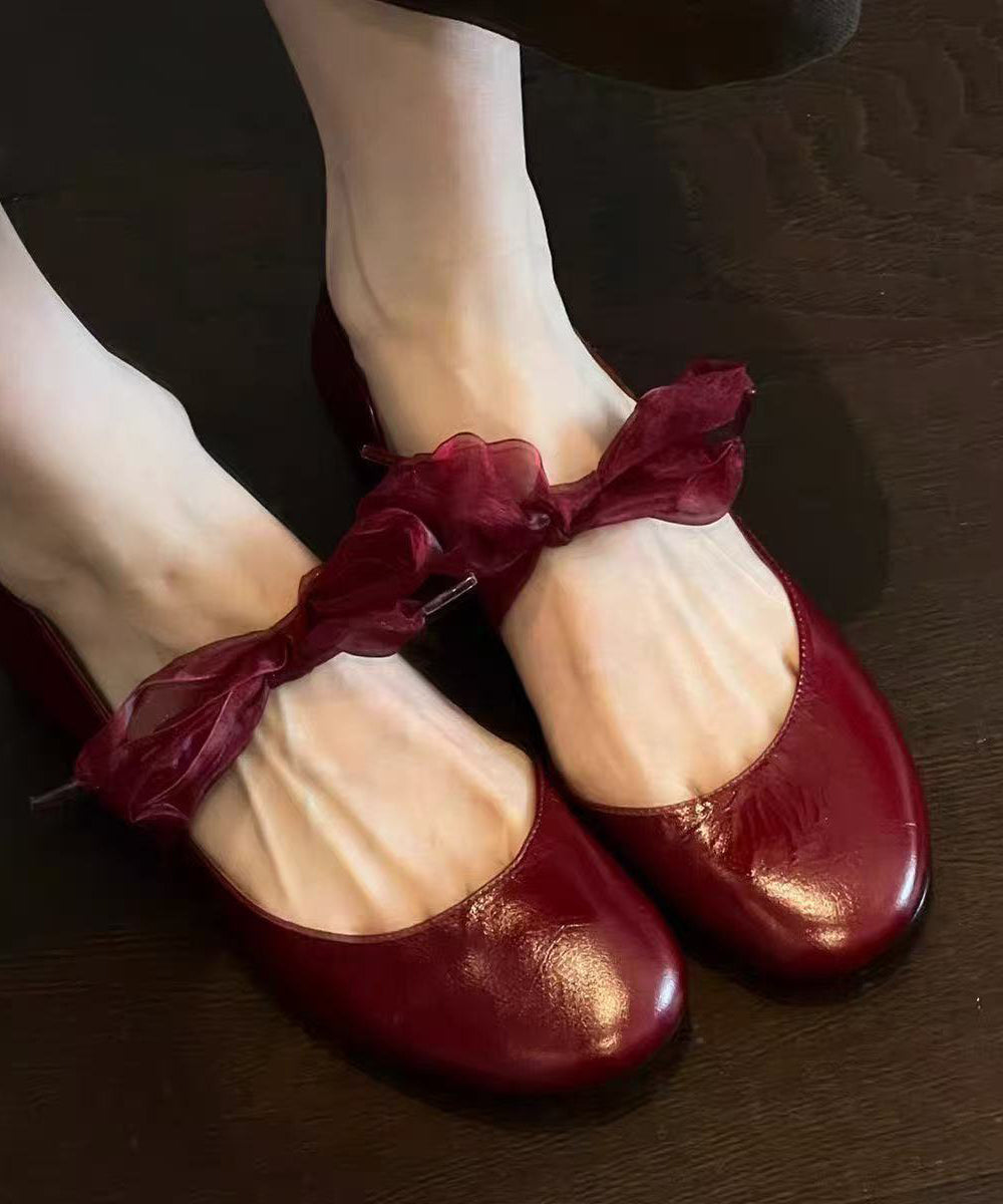 Chic Red Round Toe Shallow Mouth Ribbon Faux Leather Ballet Flats Shoes