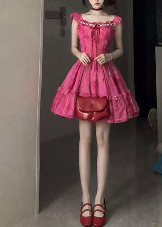 Chic Red Ruffled Patchwork Tie Lace Mid Dress Short Sleeve
