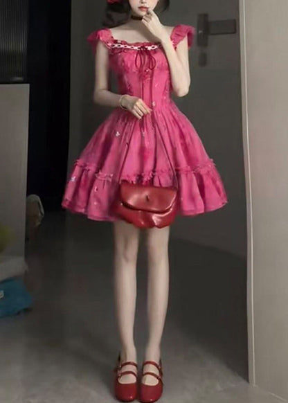 Chic Red Ruffled Patchwork Tie Lace Mid Dress Short Sleeve