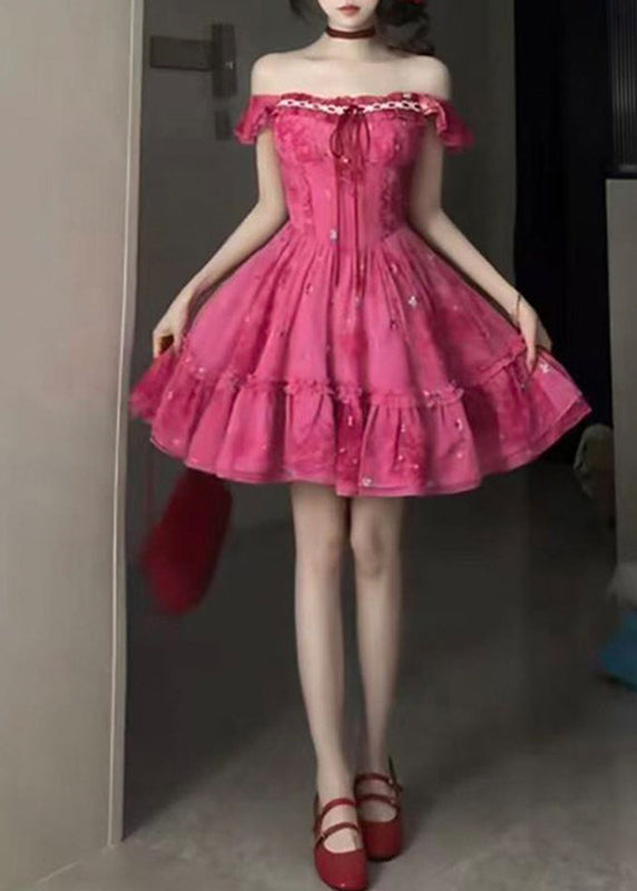 Chic Red Ruffled Patchwork Tie Lace Mid Dress Short Sleeve