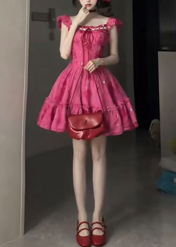 Chic Red Ruffled Patchwork Tie Lace Mid Dress Short Sleeve