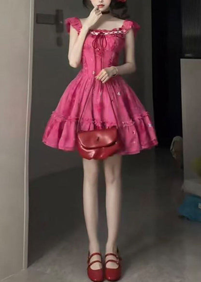 Chic Red Ruffled Patchwork Tie Lace Mid Dress Short Sleeve
