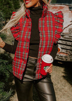 Chic Red Ruffled Plaid Fine Cotton Filled Vest Tops Winter