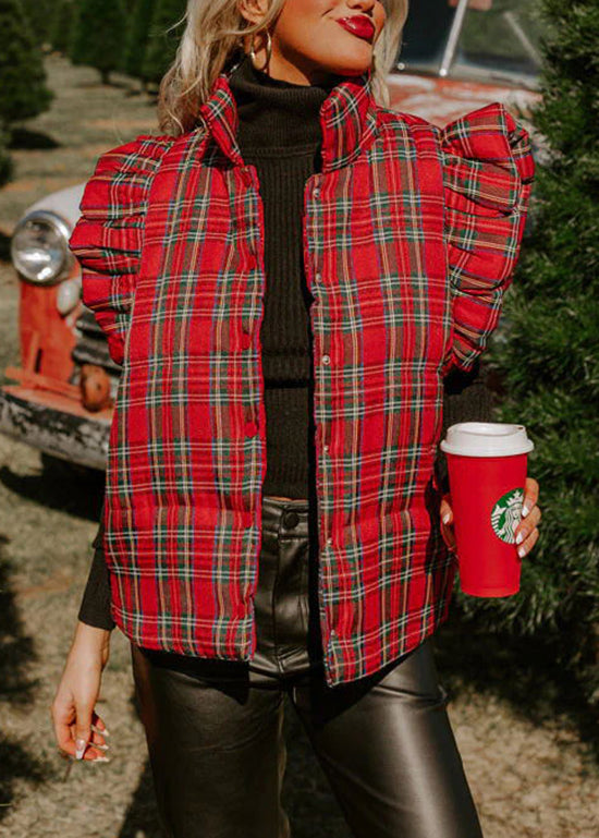 Chic Red Ruffled Plaid Fine Cotton Filled Vest Tops Winter
