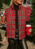 Chic Red Ruffled Plaid Fine Cotton Filled Vest Tops Winter