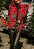 Chic Red Ruffled Plaid Fine Cotton Filled Vest Tops Winter