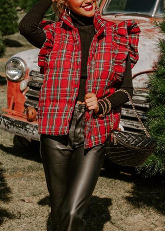 Chic Red Ruffled Plaid Fine Cotton Filled Vest Tops Winter