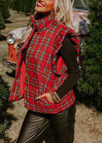 Chic Red Ruffled Plaid Fine Cotton Filled Vest Tops Winter