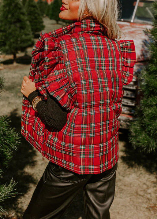 Chic Red Ruffled Plaid Fine Cotton Filled Vest Tops Winter