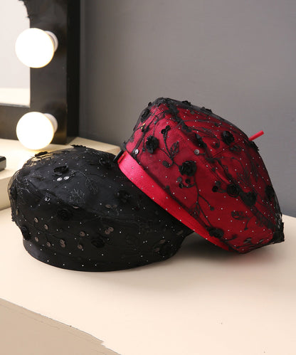 Chic Red Sequins Floral Lace Beret Hat