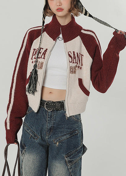 Chic Red Stand Collar Patchwork Knit Loose Coat Winter