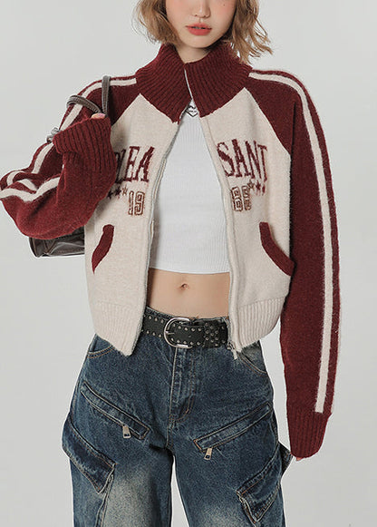 Chic Red Stand Collar Patchwork Knit Loose Coat Winter