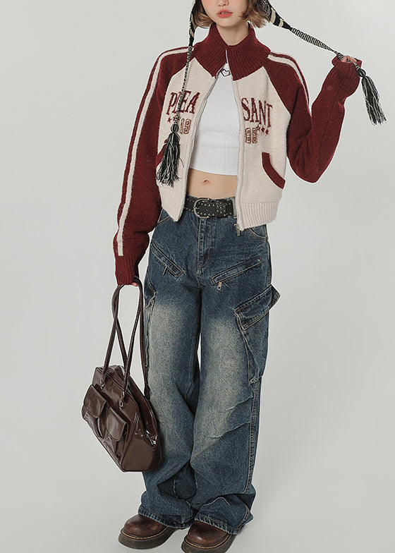 Chic Red Stand Collar Patchwork Knit Loose Coat Winter