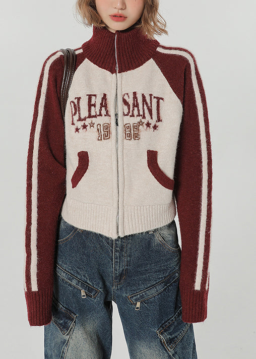 Chic Red Stand Collar Patchwork Knit Loose Coat Winter