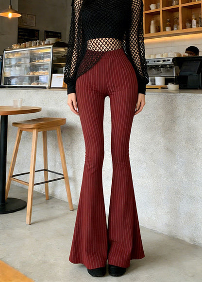 Chic Red Striped High Waist Cotton Flared Trousers Summer