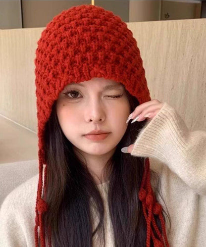 Chic Red Tasseled With Earmuffs Knit Bonnie Hat