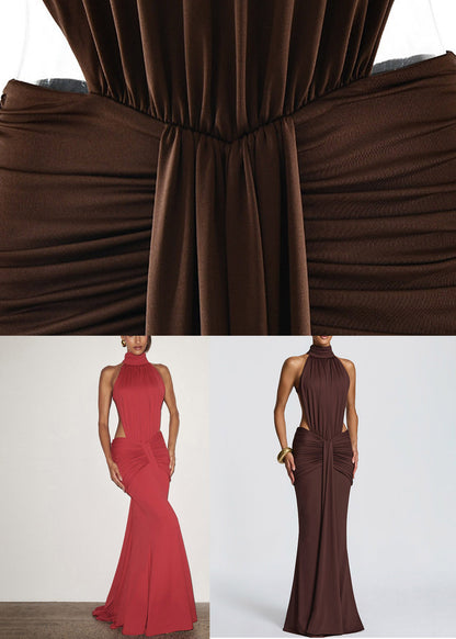 Chic Red Turtleneck Wrinkled Party Maxi Fish-Tail Dress Summer