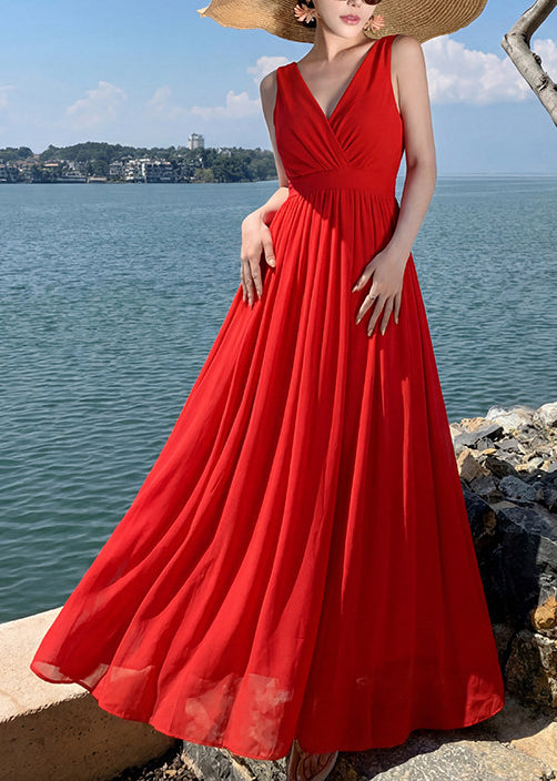 Chic Red V Neck Patchwork Chiffon Maxi Dresses Sleeveless