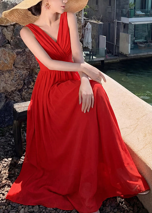 Chic Red V Neck Patchwork Chiffon Maxi Dresses Sleeveless