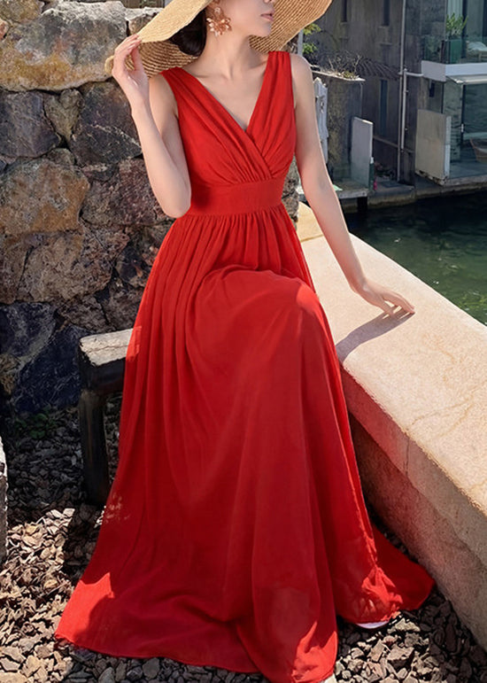 Chic Red V Neck Patchwork Chiffon Maxi Dresses Sleeveless
