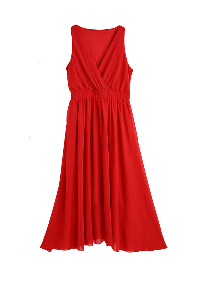 Chic Red V Neck Patchwork Chiffon Maxi Dresses Sleeveless