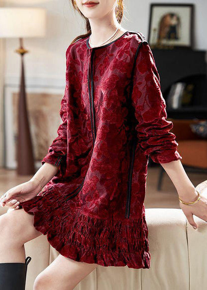 Chic Red V Neck Ruffled Silk Velvet Vacation Mid Dresses Long Sleeve