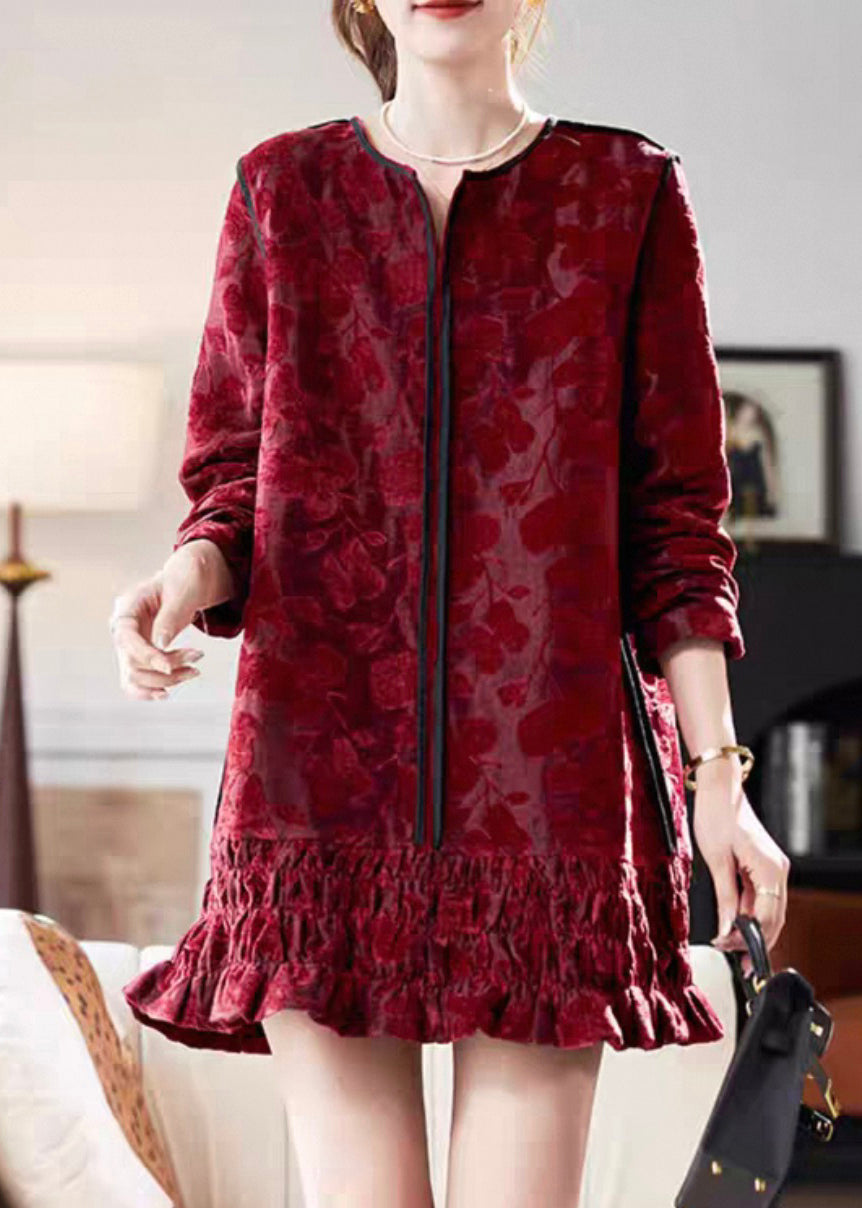 Chic Red V Neck Ruffled Silk Velvet Vacation Mid Dresses Long Sleeve
