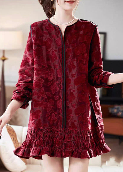 Chic Red V Neck Ruffled Silk Velvet Vacation Mid Dresses Long Sleeve