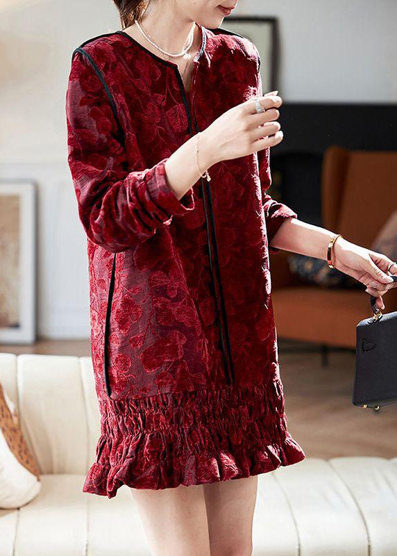 Chic Red V Neck Ruffled Silk Velvet Vacation Mid Dresses Long Sleeve
