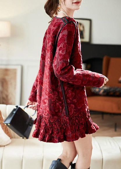 Chic Red V Neck Ruffled Silk Velvet Vacation Mid Dresses Long Sleeve