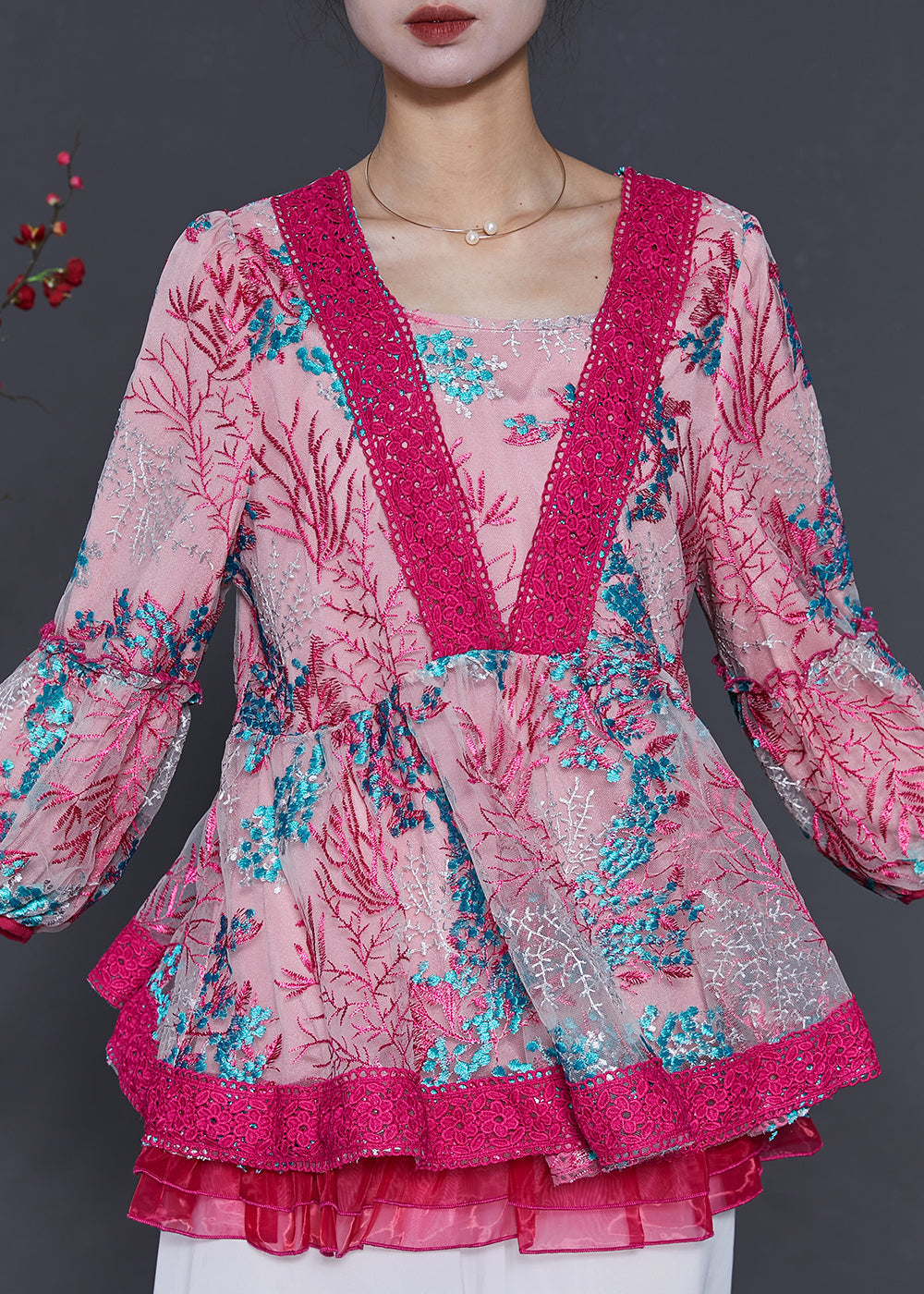 Chic Rose Embroidered Patchwork Tulle Shirt Spring