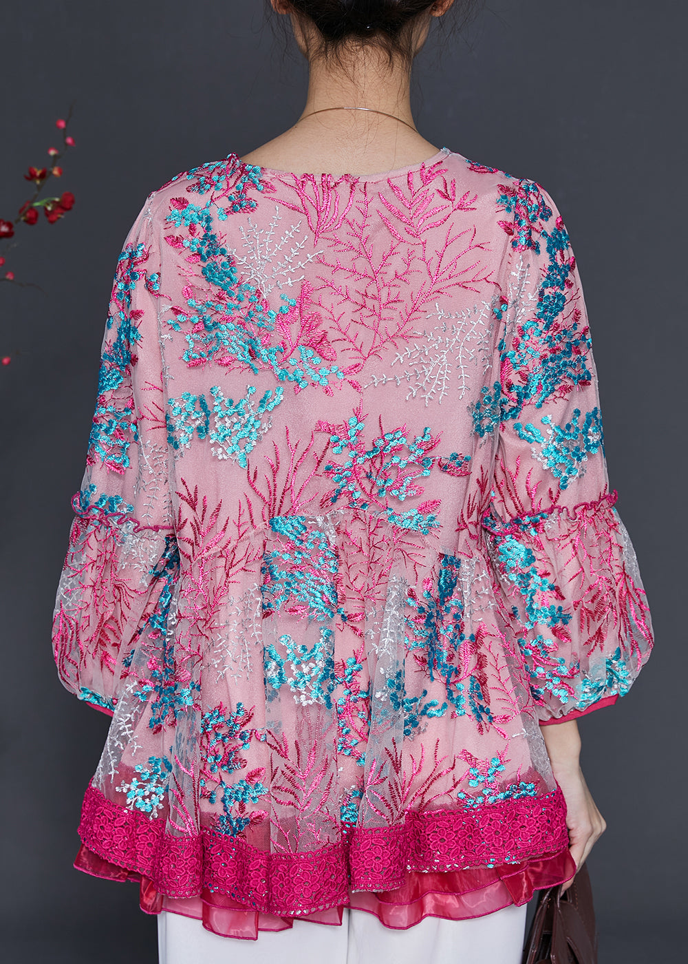 Chic Rose Embroidered Patchwork Tulle Shirt Spring