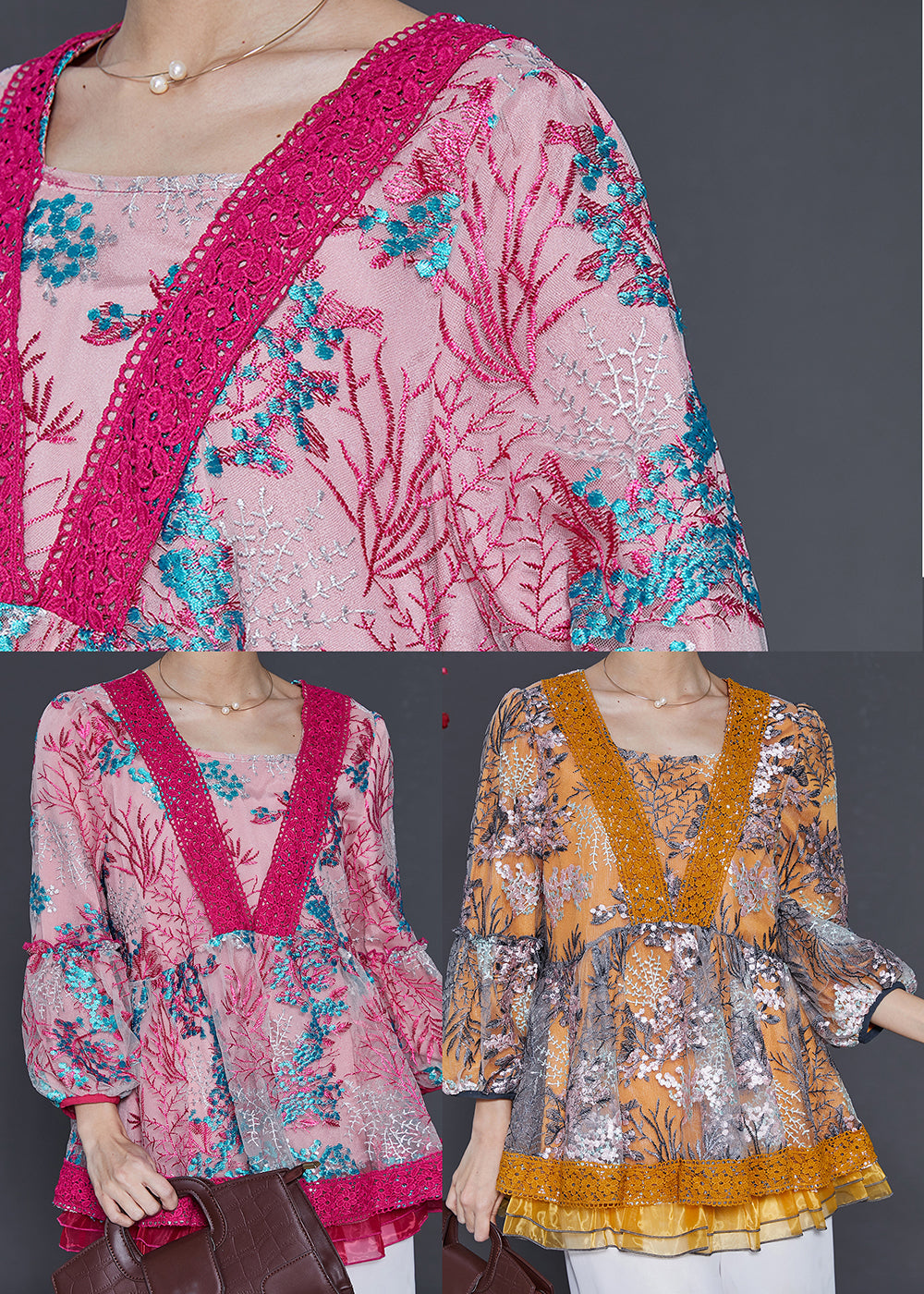 Chic Rose Embroidered Patchwork Tulle Shirt Spring