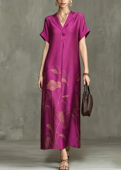 Chic Rose Notched Print Maxi Dresses Summer