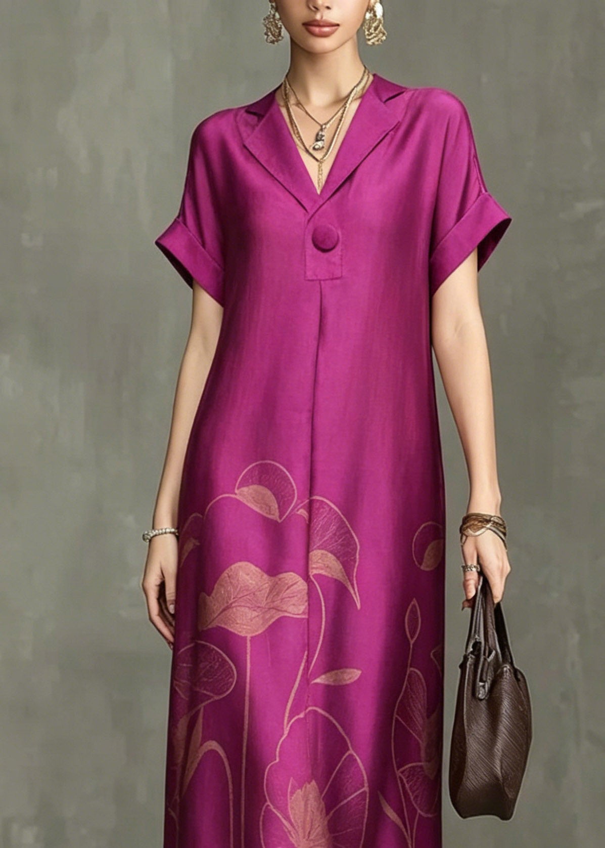 Chic Rose Notched Print Maxi Dresses Summer