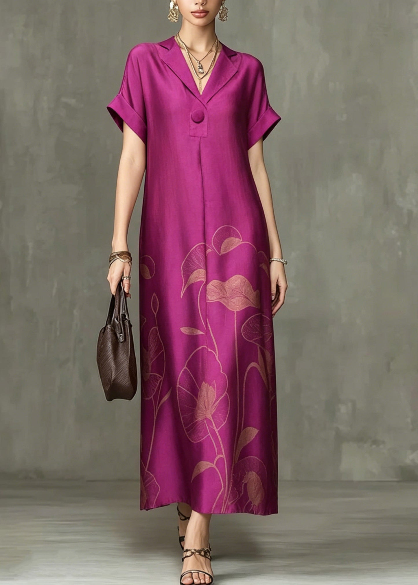 Chic Rose Notched Print Maxi Dresses Summer